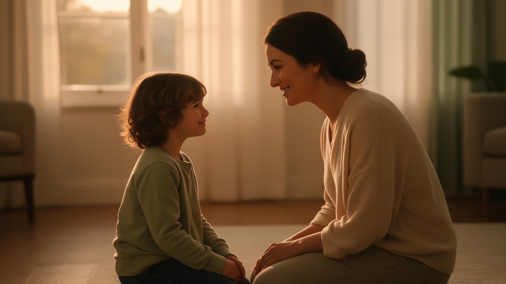 A parent kneeling at eye level with their child in a warmly lit living room